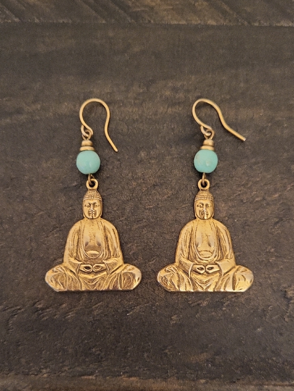 Brass Buddha Lightweight Drop Earrings with Howlite Turquoise Color Bead